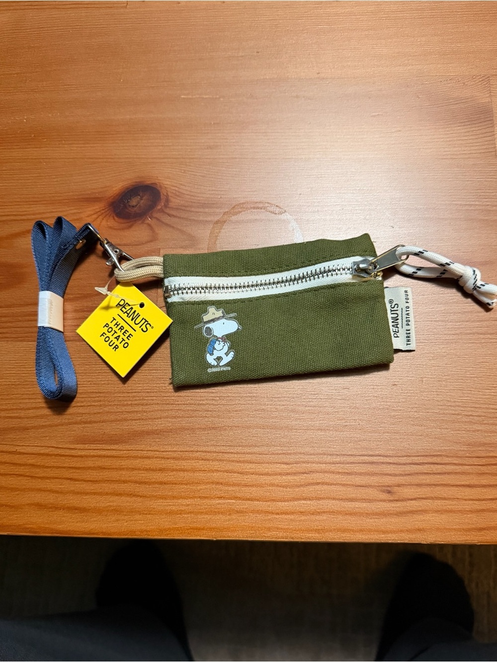 Olive Green Snoopy Mini Coin Pouch with Navy Lanyard Strap
